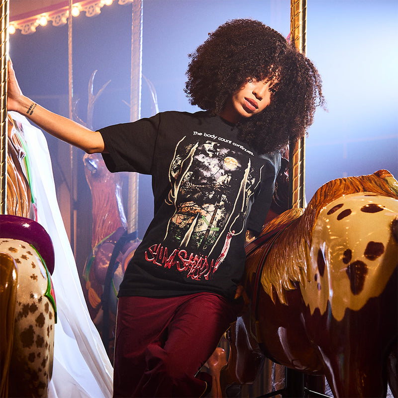 Woman wearing the black Eminem Body Count T-shirt on a carousel, Slim Shady horror front print