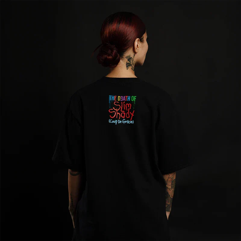 Back of the black Eminem S.L.I.M T-shirt with The Real Slim Shady print