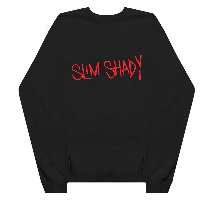 Black Eminem Slim Shady crewneck sweatshirt flat lay with red graffiti lettering
