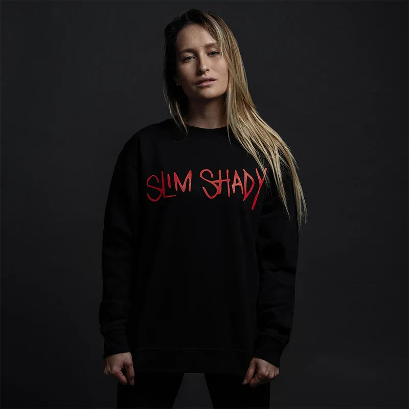 Woman wearing the black Eminem Slim Shady crewneck sweatshirt, red script print