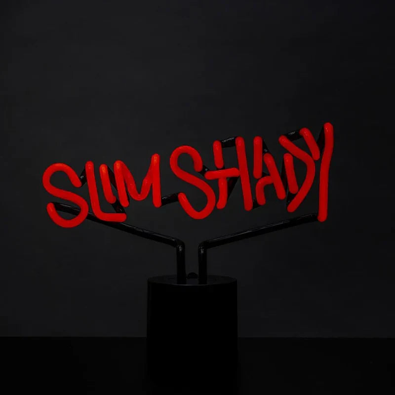 Eminem Slim Shady neon light sign in red graffiti script on a black stand