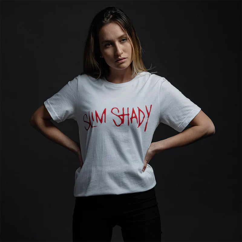 Woman wearing the white Eminem Slim Shady Signature T-shirt, red script logo