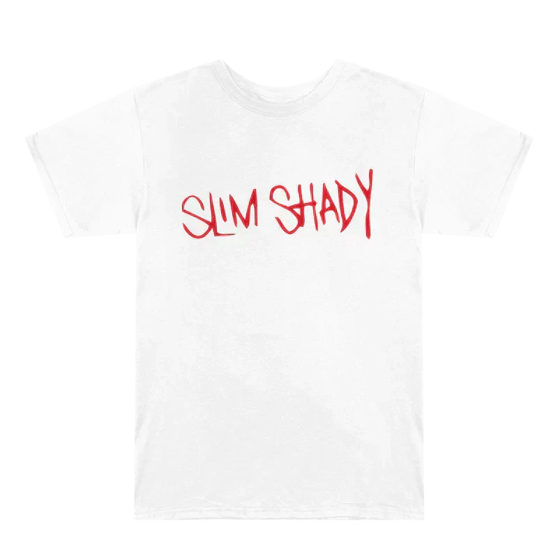 White Eminem Slim Shady Signature T-shirt flat lay with the red graffiti logo
