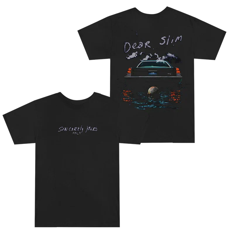 Black Eminem Dear Slim T-shirt front and back flat lay, small chest text and large back graphic