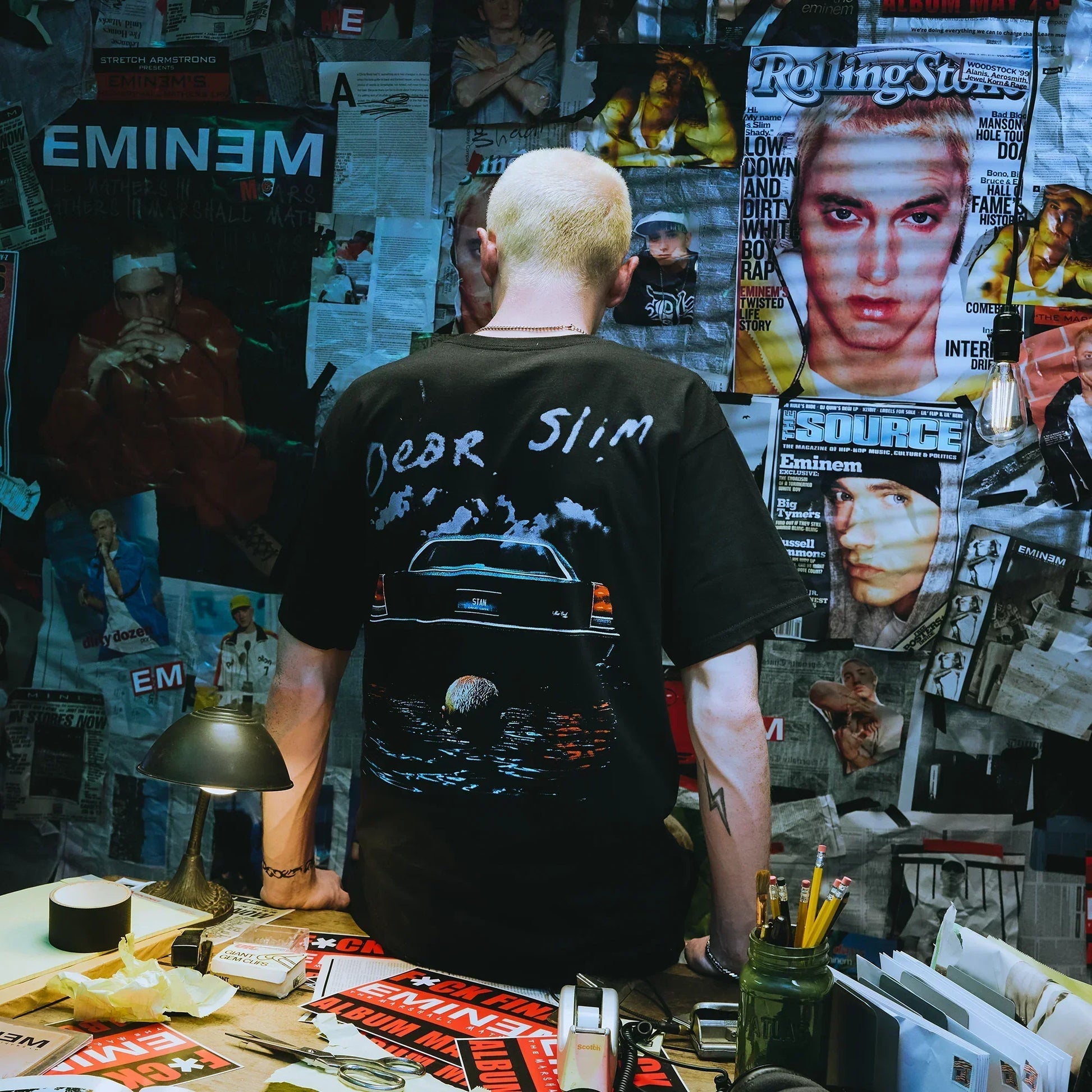 Back of the black Eminem Dear Slim T-shirt worn by a model, sinking car and script print