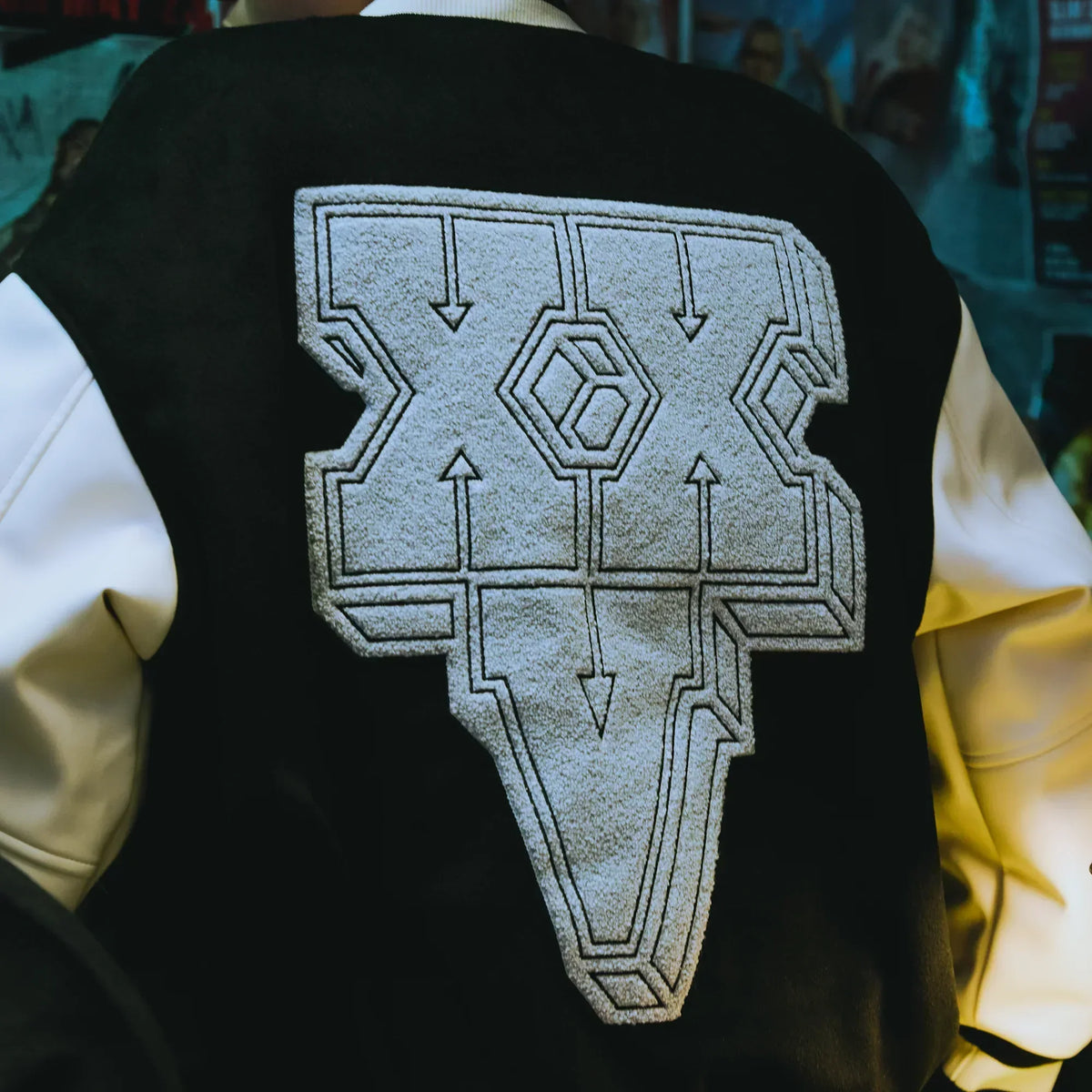 Close-up of the chenille back patch on the Eminem Stan varsity jacket