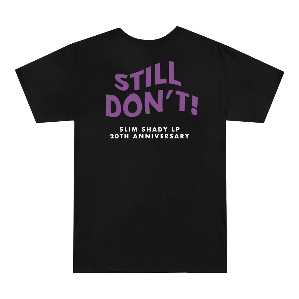 Back of the black Eminem Still Don't T-shirt reading Slim Shady LP 20th Anniversary
