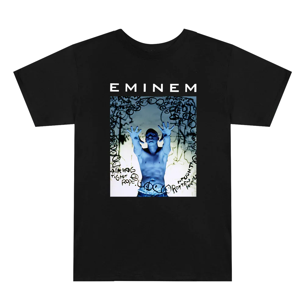 Front of the black Eminem Still Don't T-shirt with logo and blue photo panel