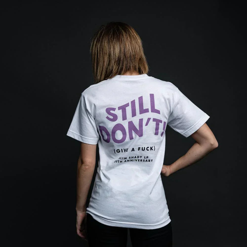 Back view of the white Eminem Still Don't T-shirt with purple anniversary print