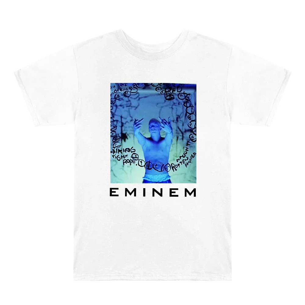 Front of the white Eminem Still Don't T-shirt flat with blue photo panel and logo