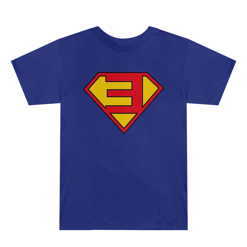 Royal blue Eminem Super-E logo T-shirt flat lay with the red and yellow E shield graphic