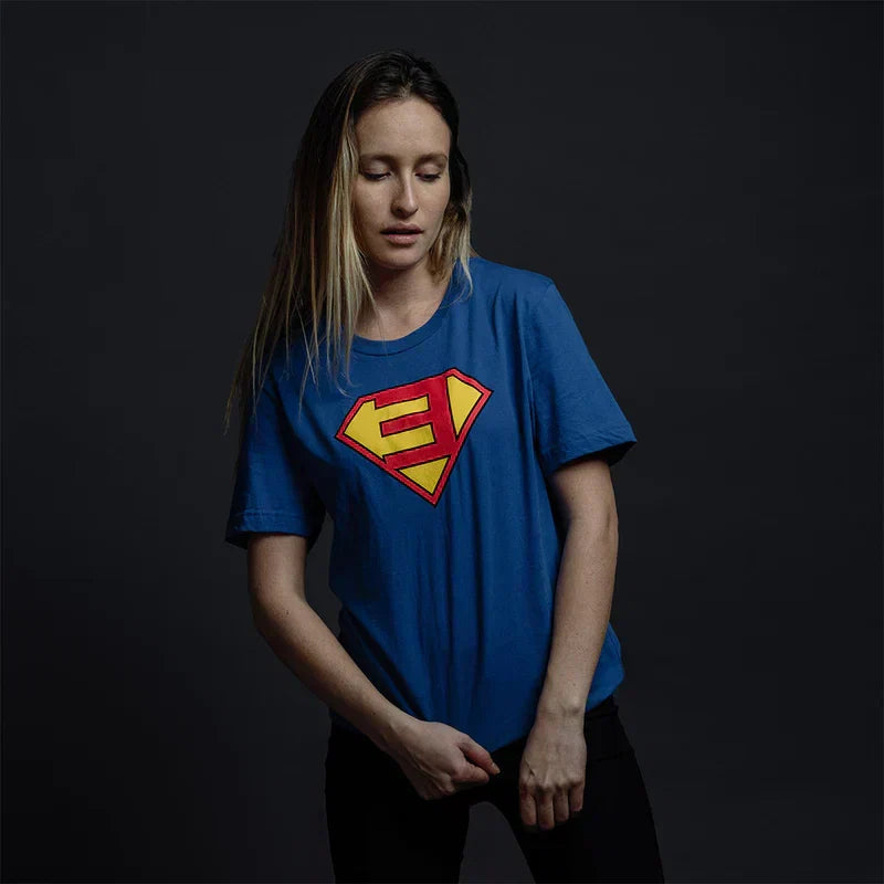 Woman wearing the blue Eminem Super-E logo T-shirt, red and yellow shield print