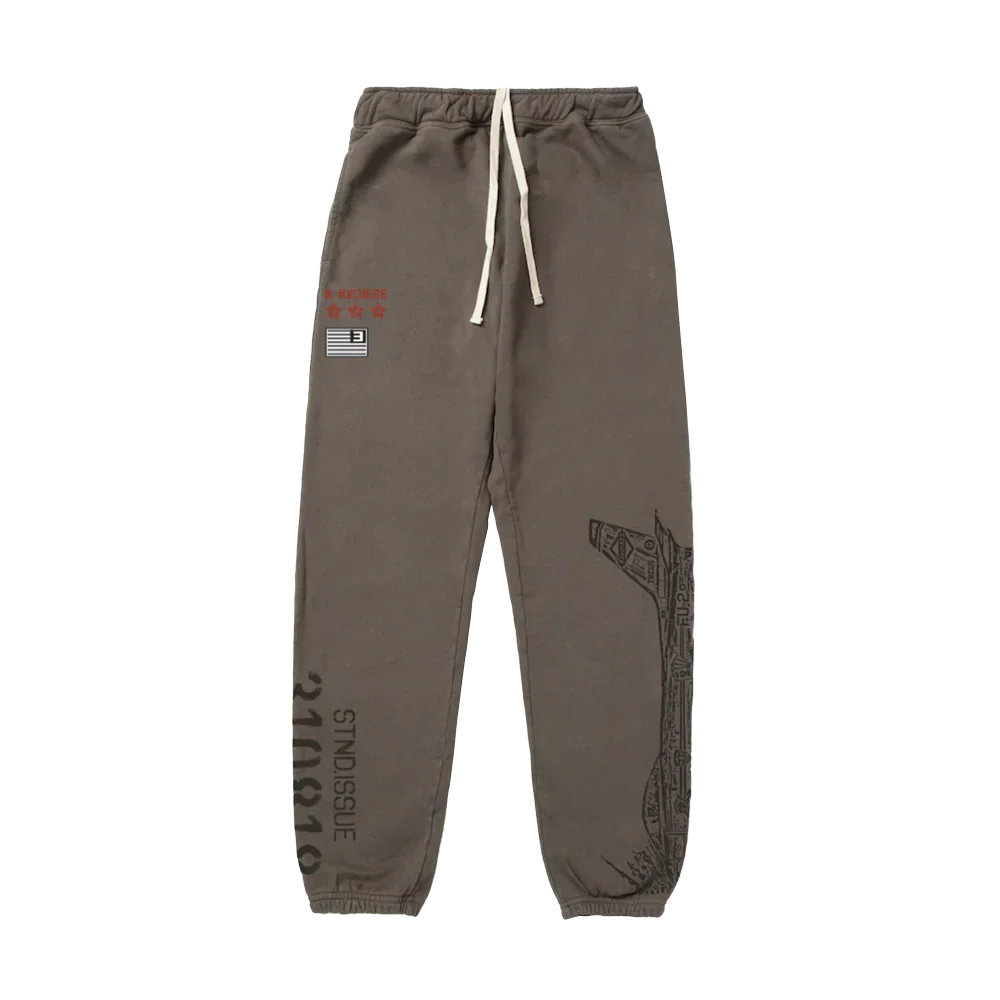 Bungee cord Eminem Kamikaze x Standard Issue sweatpants flat lay with tonal leg prints