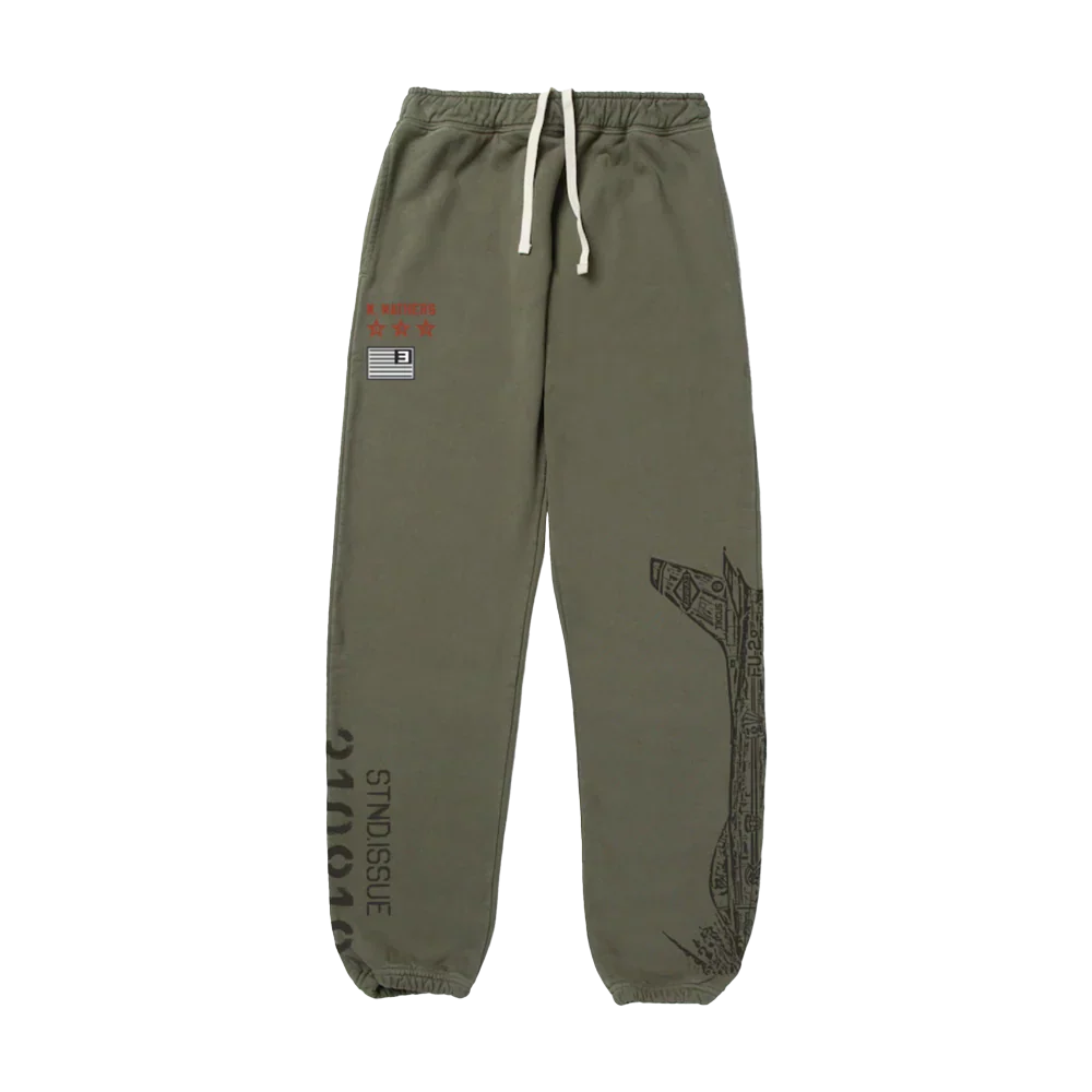 Burnt olive Eminem Kamikaze x Standard Issue sweatpants flat lay with tonal leg prints