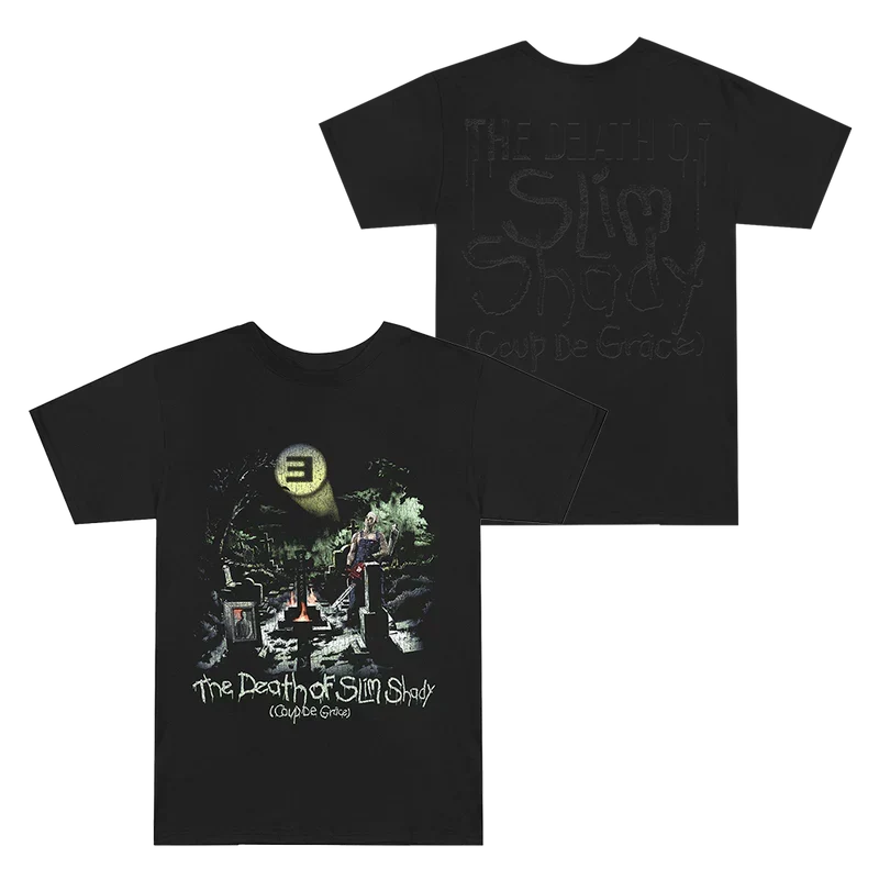 Black Eminem TDOSS Graveyard T-shirt front and back flat lay with cemetery artwork