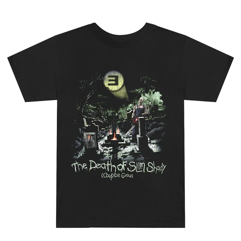 Front of the black Eminem TDOSS Graveyard T-shirt with The Death of Slim Shady graphic