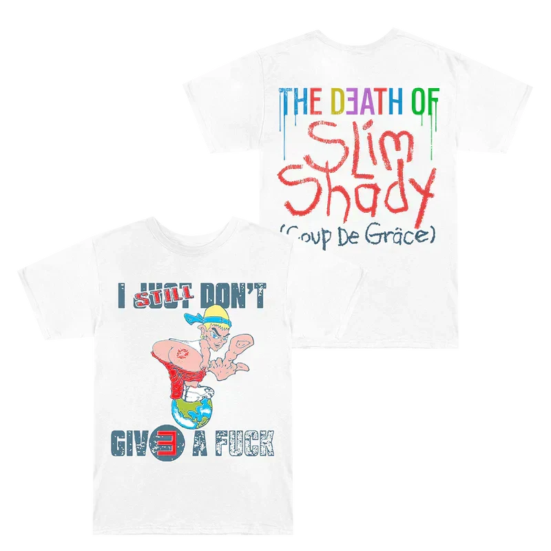 White Eminem TDOSS ISDGAF T-shirt front and back flat lay with cartoon and drip type