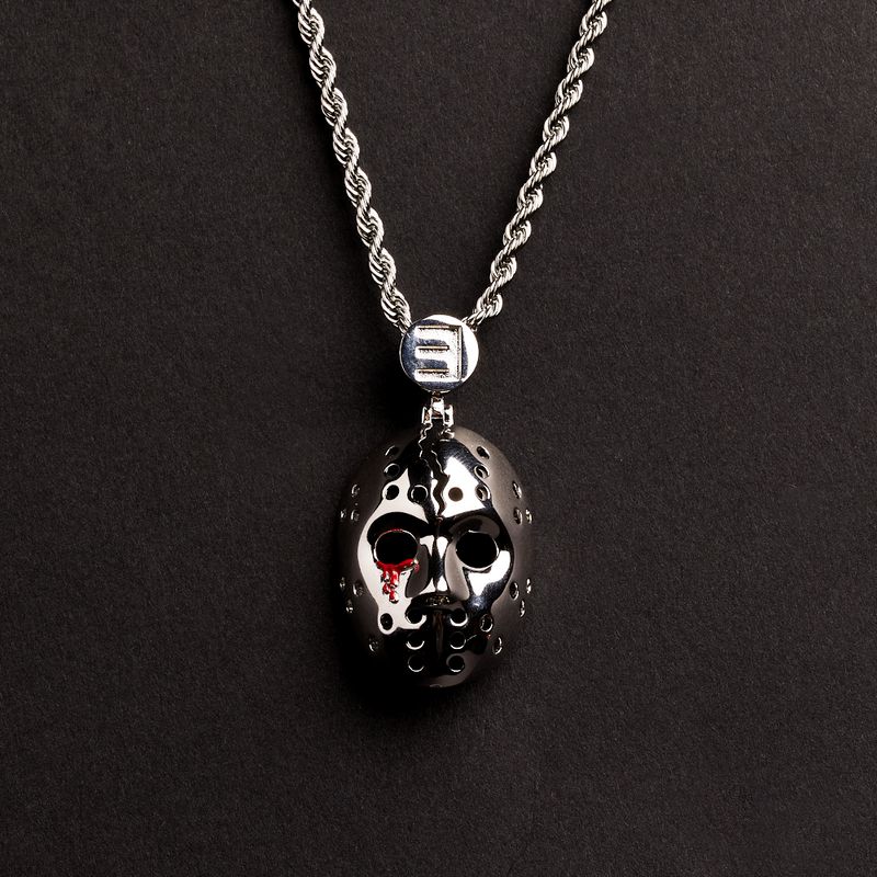 Eminem hockey mask pendant in polished silver on a rope chain with E logo bail