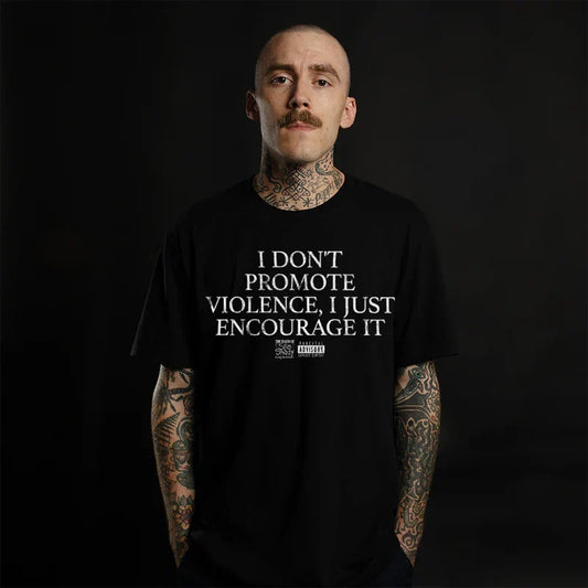 Man wearing the black Eminem TDOSS Promote Violence T-shirt with white text print