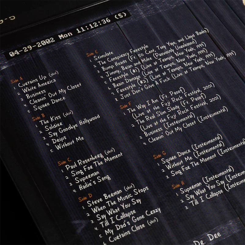 Reproduced 2002 studio track sheet insert from The Eminem Show 20th Anniversary 4LP
