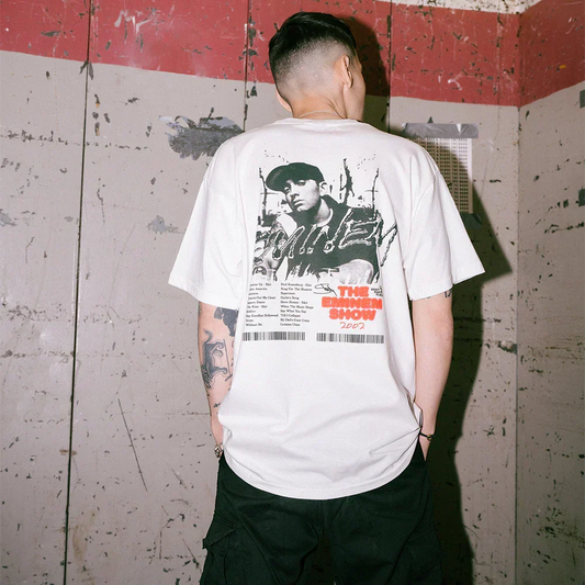 Back of the white Eminem Show T-shirt with photo print and red tour lettering