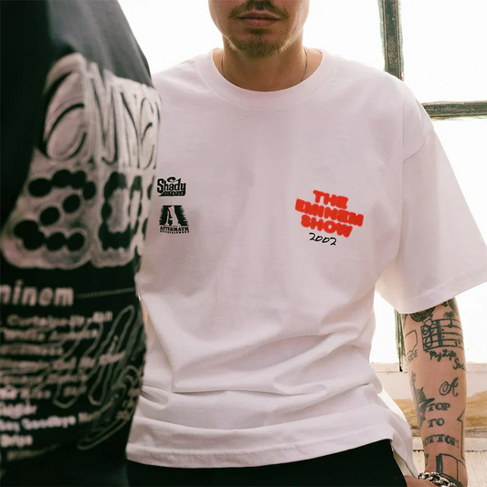 Close-up of the red The Eminem Show chest print on the white T-shirt