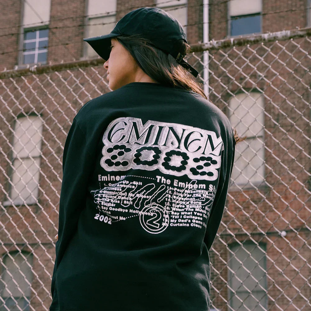 Back of the black Eminem Show Chrome Logo crewneck with 2002 chrome graphic