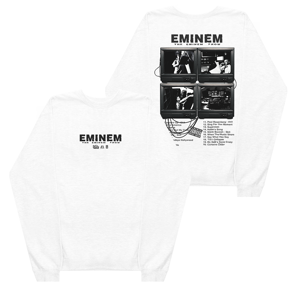 White Eminem Show Vintage TV crewneck front and back flat lay with photo grid print