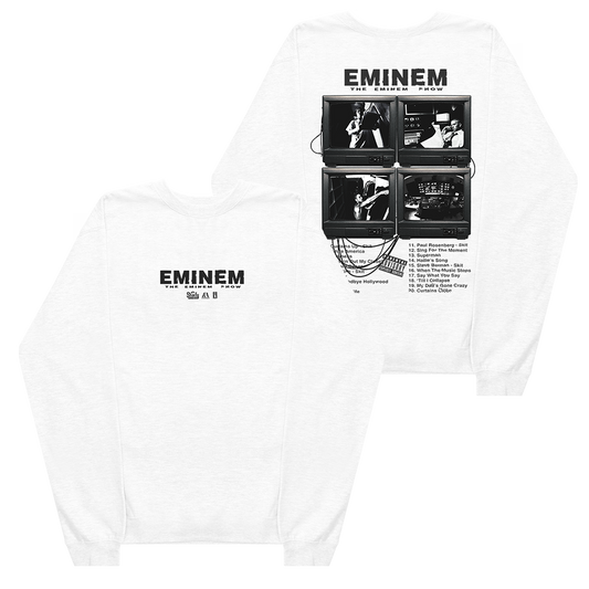 White Eminem Show Vintage TV crewneck front and back flat lay with photo grid print