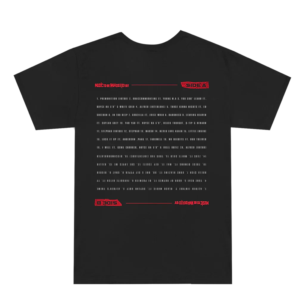 Back of the black Eminem MTBMB Tracklist T-shirt with red track listing print