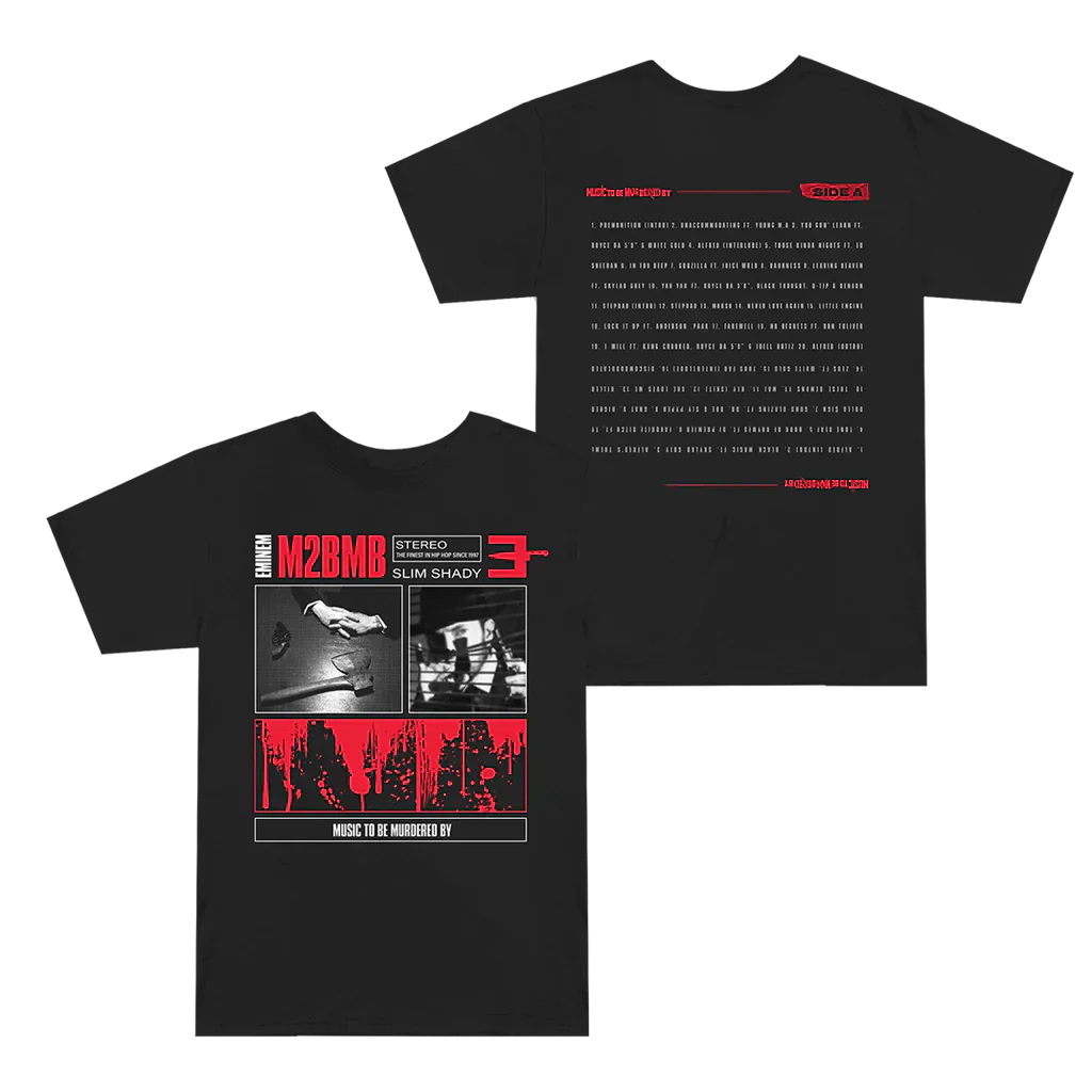 Black Eminem MTBMB Tracklist T-shirt front and back flat lay with red and white print