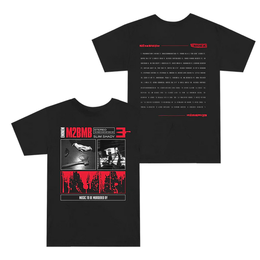 Black Eminem MTBMB Tracklist T-shirt front and back flat lay with red and white print