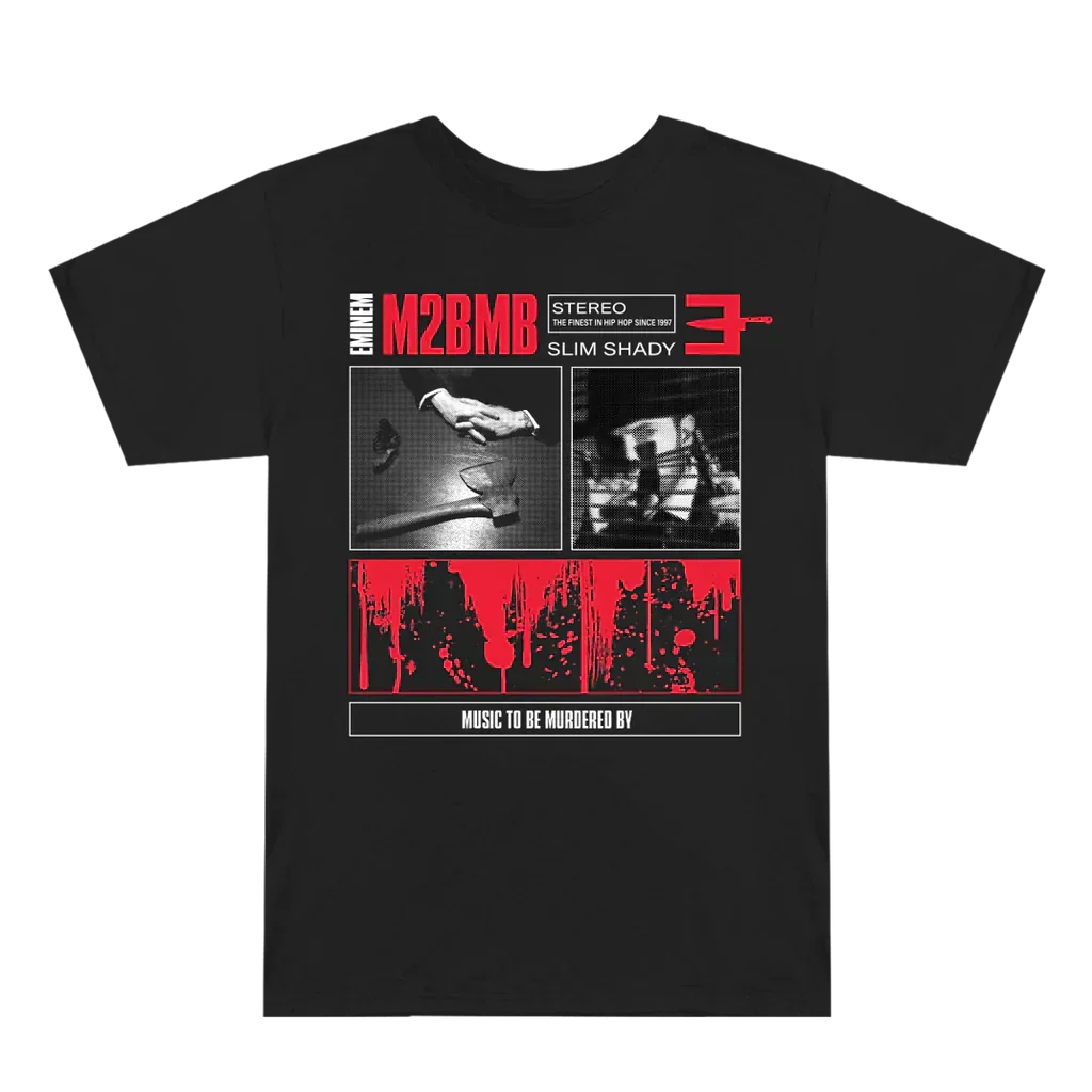 Front of the black Eminem M2BMB Tracklist T-shirt with Slim Shady photo panels
