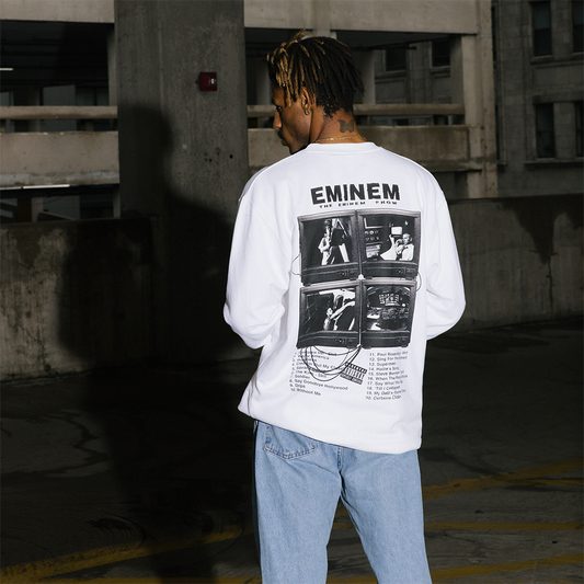Back of the white Eminem Show Vintage TV crewneck with photo grid print