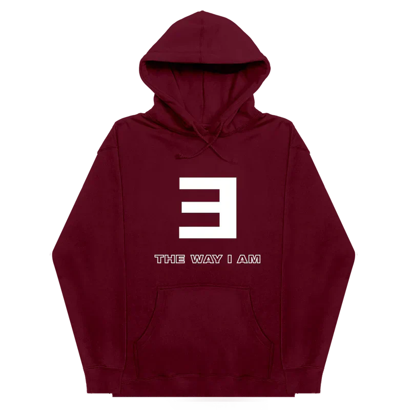 Maroon Eminem The Way I Am hoodie laid flat with white E logo and The Way I Am lettering