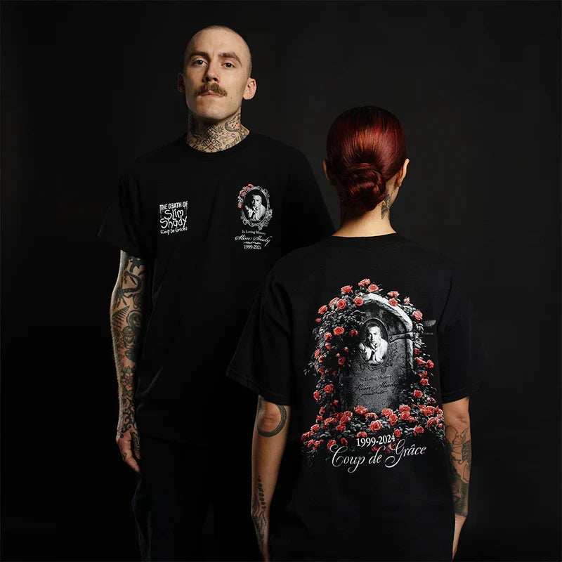 Two models in black Eminem TDOSS In Loving Memory T-shirts, front and back prints