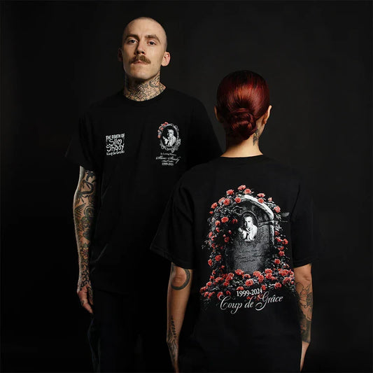 Two models in black Eminem TDOSS In Loving Memory T-shirts, front and back prints