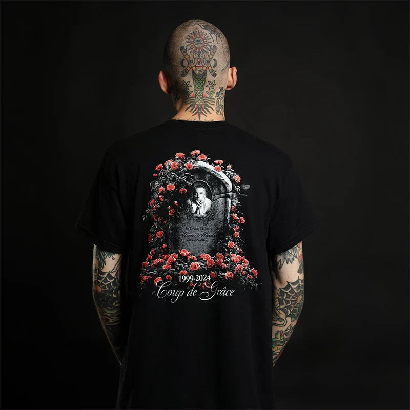 Back of the black Eminem TDOSS In Loving Memory T-shirt with rose headstone artwork