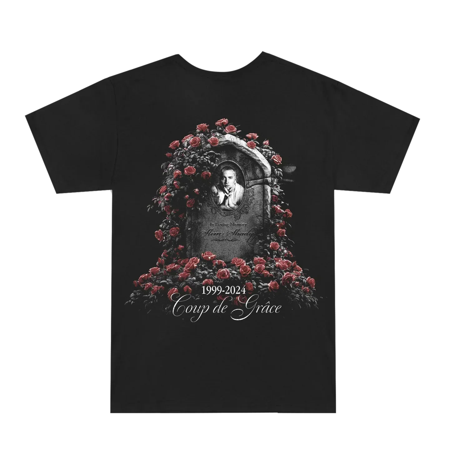Back of the Eminem TDOSS memorial T-shirt with headstone and roses Coup De Grace print