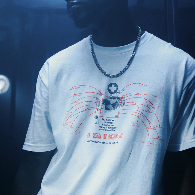 Close-up of the Recovery tracklist chest print on the white Eminem T-shirt