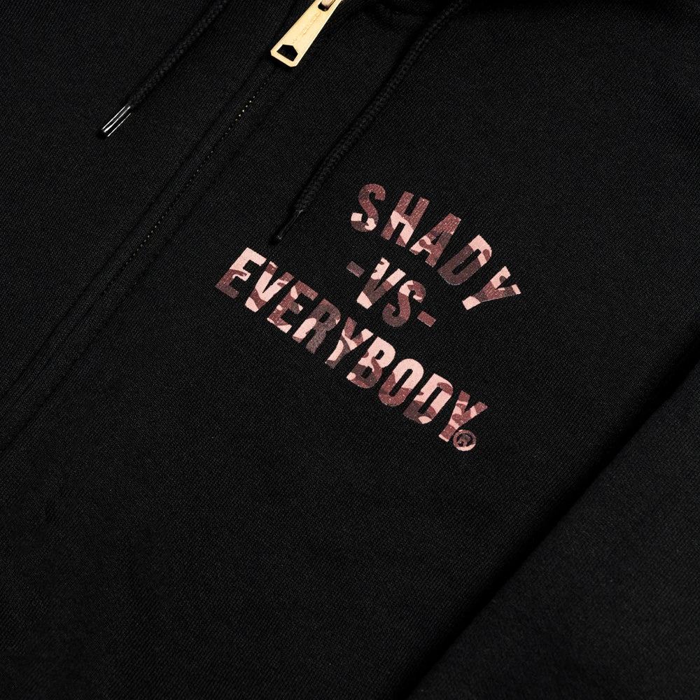 Chest print detail reading Shady Vs Everybody on the black Eminem zip up hoodie