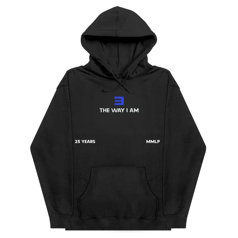 Front of the black Eminem MMLP25 hoodie with blue E logo and The Way I Am print
