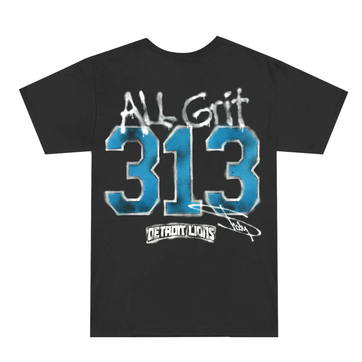 Back of the Eminem x Detroit Lions All Grit T-shirt flat with the All Grit 313 graphic