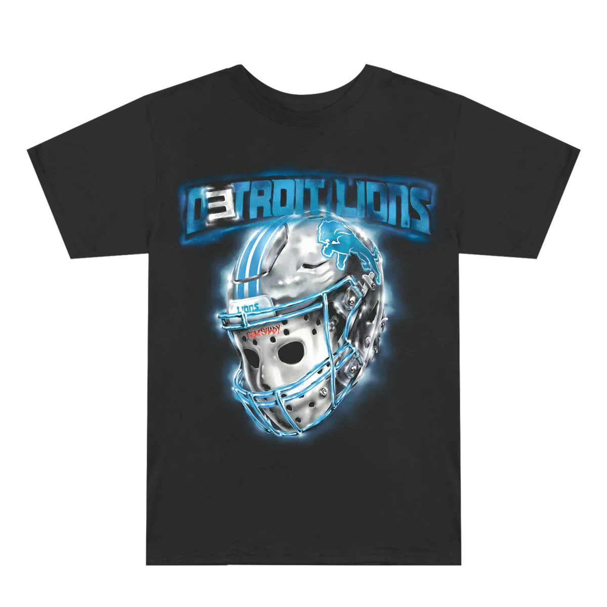 Front of the black Eminem x Detroit Lions All Grit T-shirt with chrome helmet graphic