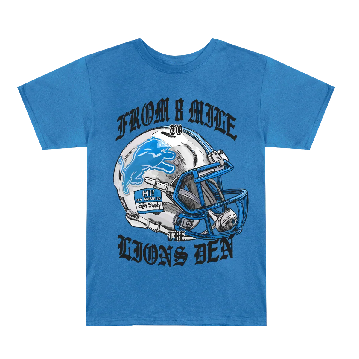 Blue Eminem x Detroit Lions Helmet T-shirt flat lay with chrome helmet and Lions Den print