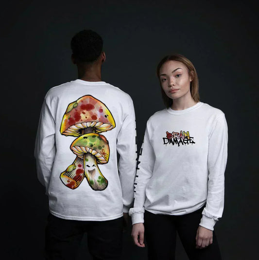 Two models in the white Eminem Brain Damage long sleeve shirt, front logo and mushroom back print
