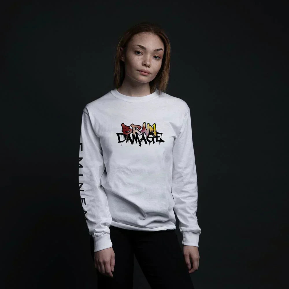 Woman wearing the white Eminem Brain Damage long sleeve shirt, front chest logo print