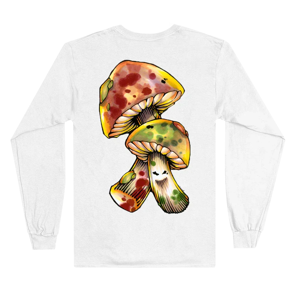 White Eminem Brain Damage long sleeve shirt back flat lay with the colourful mushroom graphic