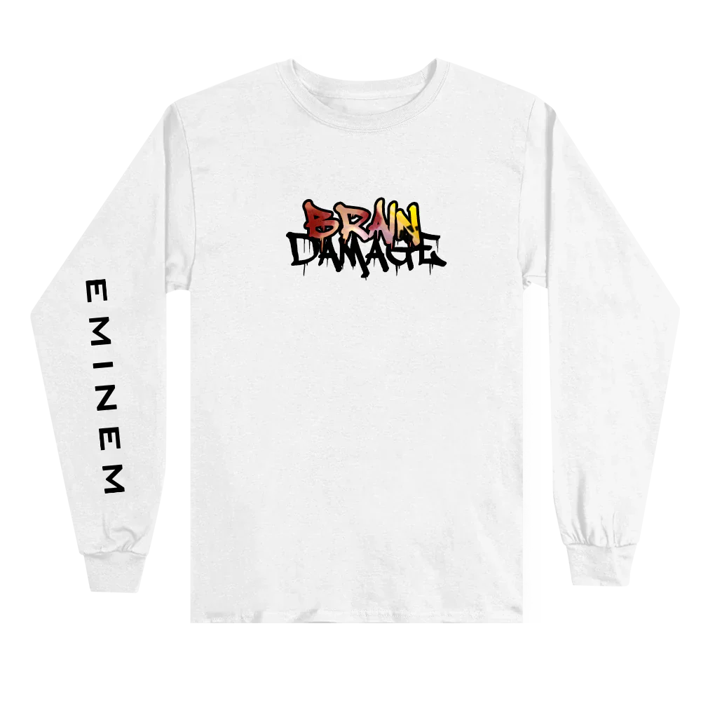 White Eminem Brain Damage long sleeve shirt front flat lay with chest logo and EMINEM sleeve print