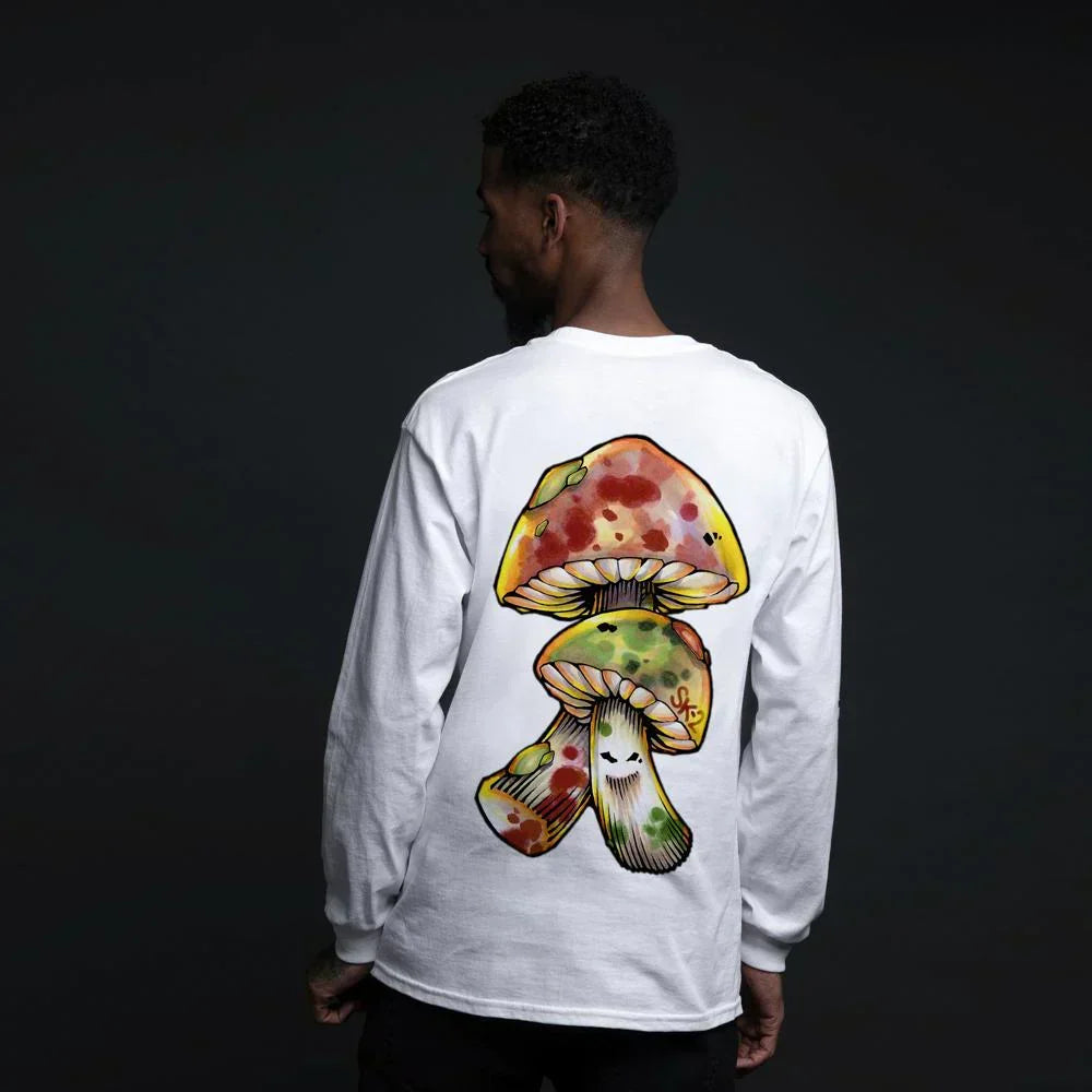 Back of the white Eminem Brain Damage long sleeve shirt with colourful mushroom character print